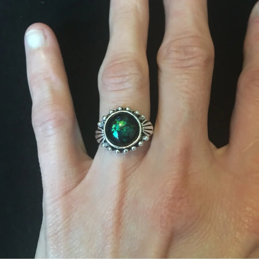 Circle Shaped Mystical Green and Blue Sparkle Stone Ring